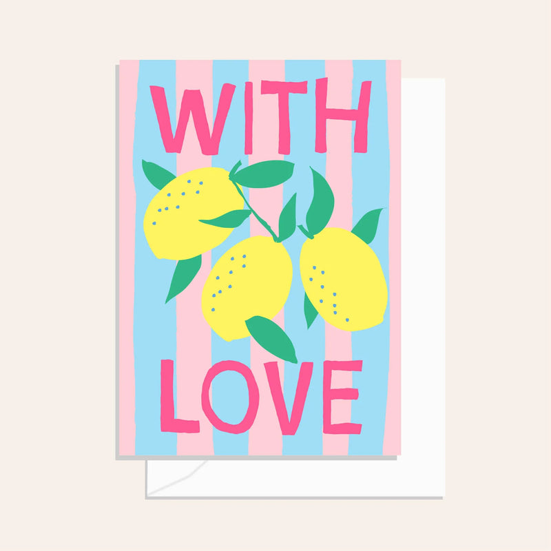 Greeting card with lemons and 'WITH LOVE' text on a striped background